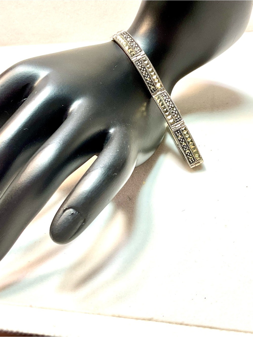 Vintage-Inspired Silver Marcasite Bar Bracelet - Silver Tone